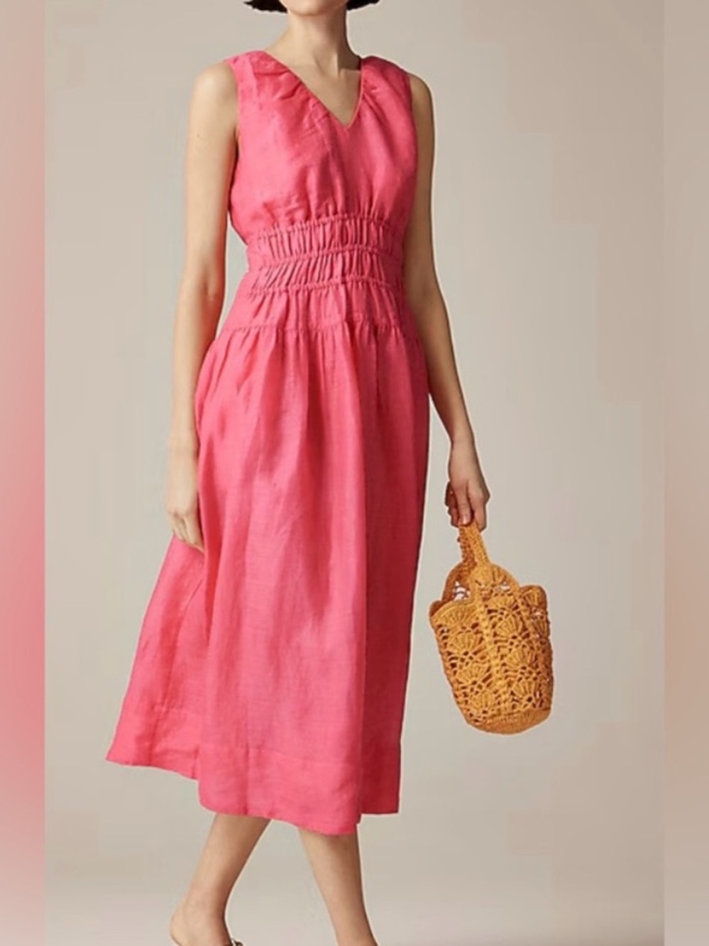 J. Crew Hyacinth Dress Pink Ramie Size M New! Pockets Drop Waist Smocked V-Neck
